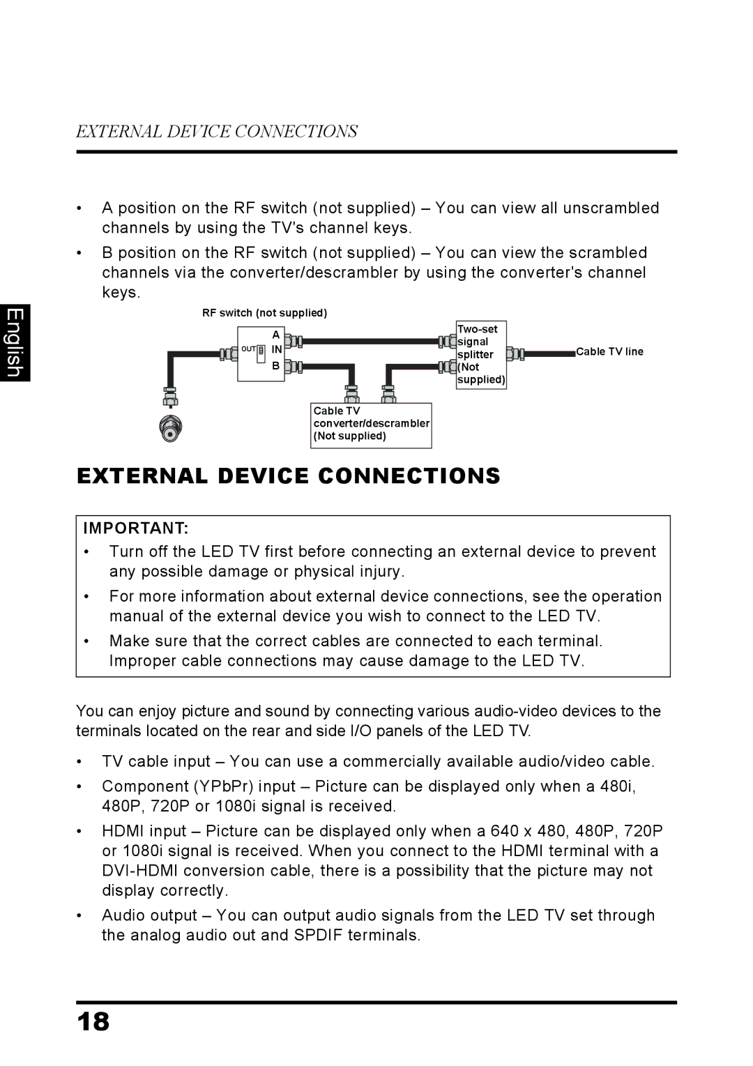 Westinghouse LD-3260 user manual External Device Connections 