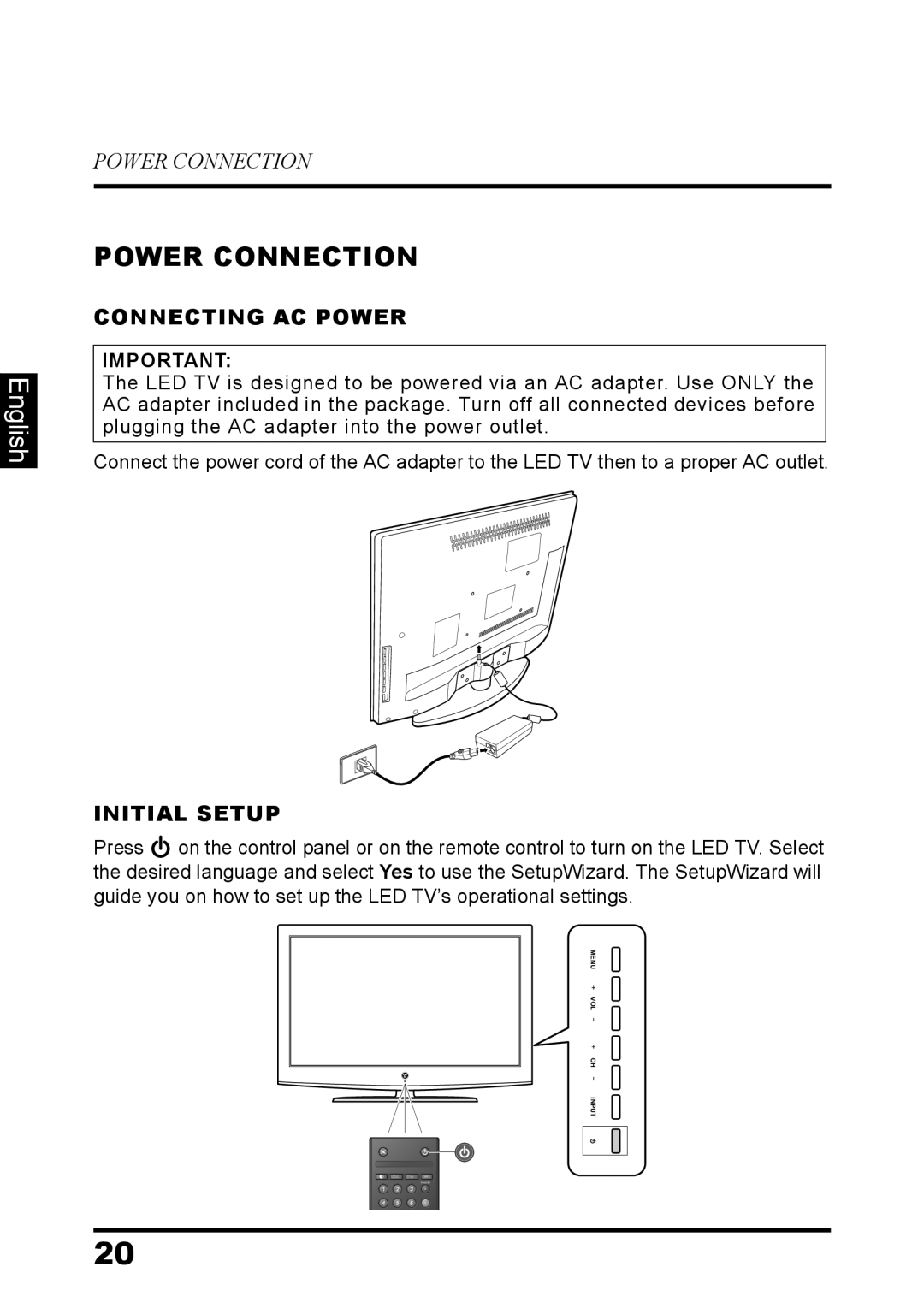 Westinghouse LD-3260 user manual Power Connection, Connecting AC Power, Initial Setup 