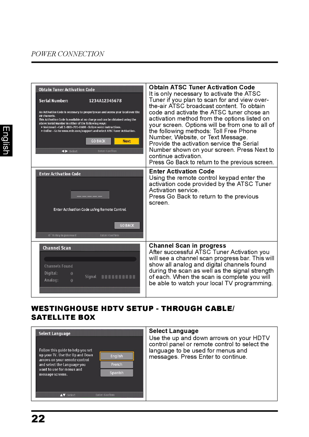 Westinghouse LD-3260 user manual Westinghouse Hdtv Setup Through CABLE/ Satellite BOX, Enter Activation Code 