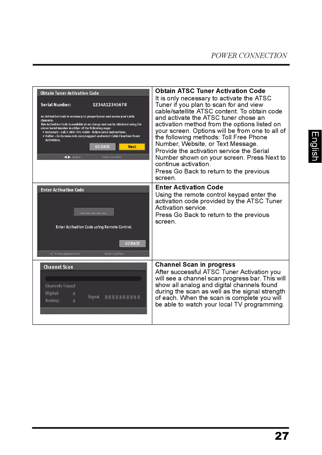 Westinghouse LD-3260 user manual Obtain Atsc Tuner Activation Code 