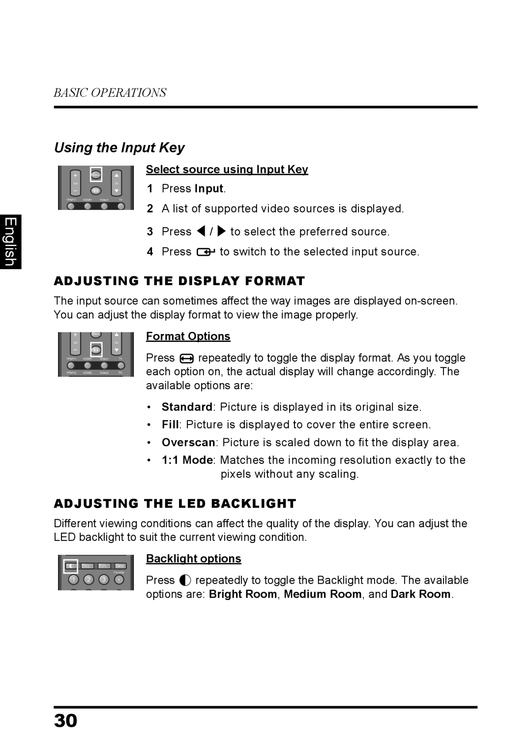 Westinghouse LD-3260 Adjusting the Display Format, Adjusting the LED Backlight, Format Options, Backlight options 