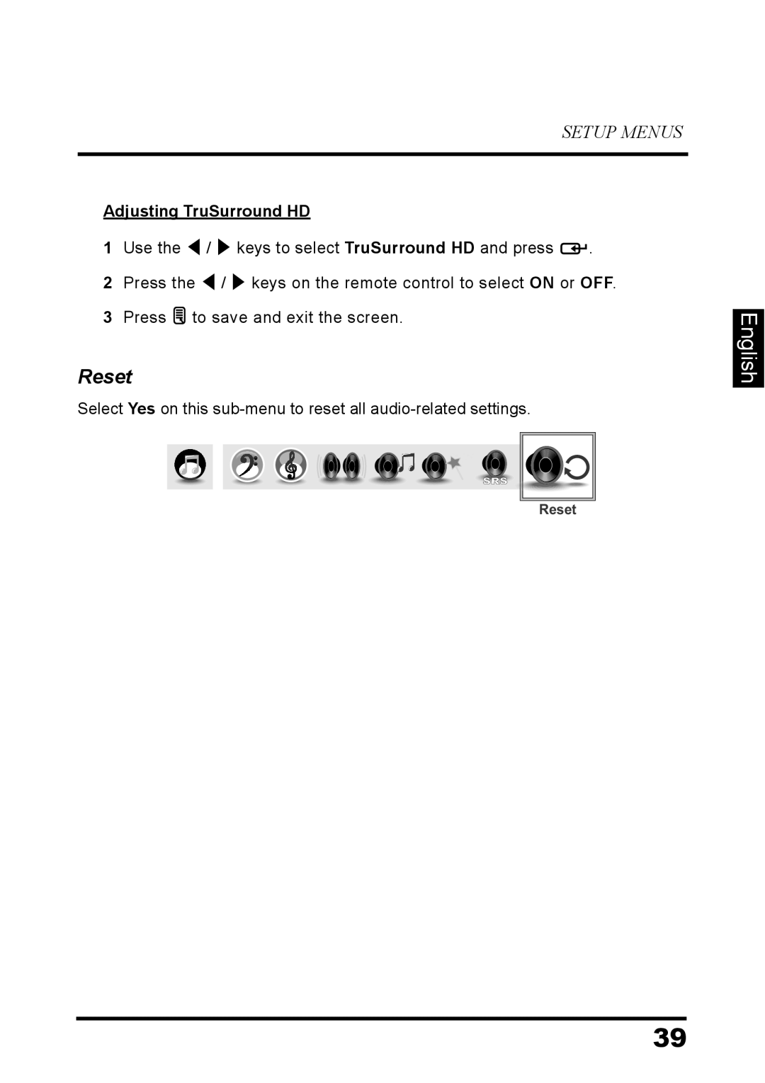 Westinghouse LD-3260 user manual Reset, Adjusting TruSurround HD 