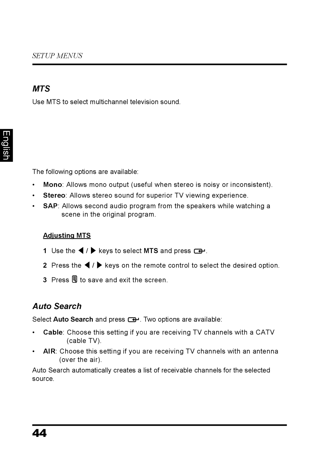 Westinghouse LD-3260 user manual Auto Search, Adjusting MTS 