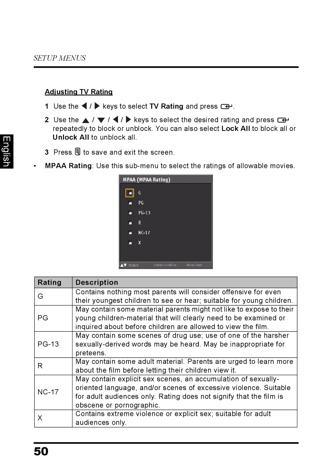 Westinghouse LD-3260 user manual Adjusting TV Rating 