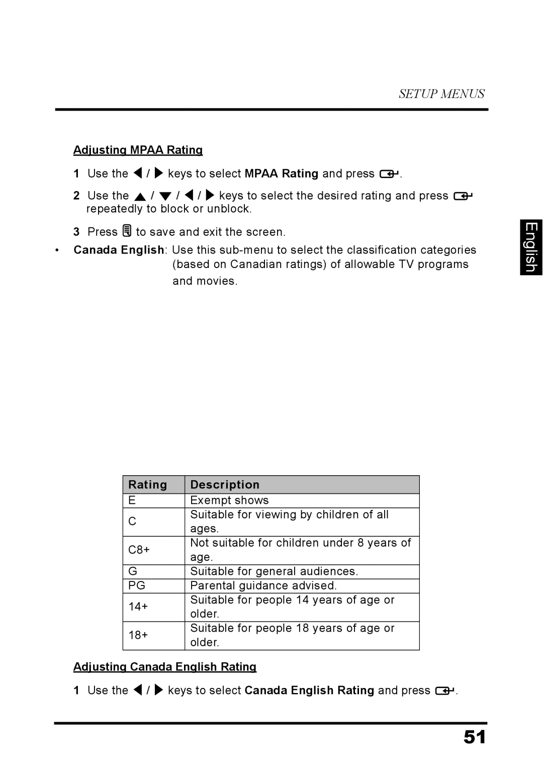 Westinghouse LD-3260 user manual Adjusting Mpaa Rating, Adjusting Canada English Rating 