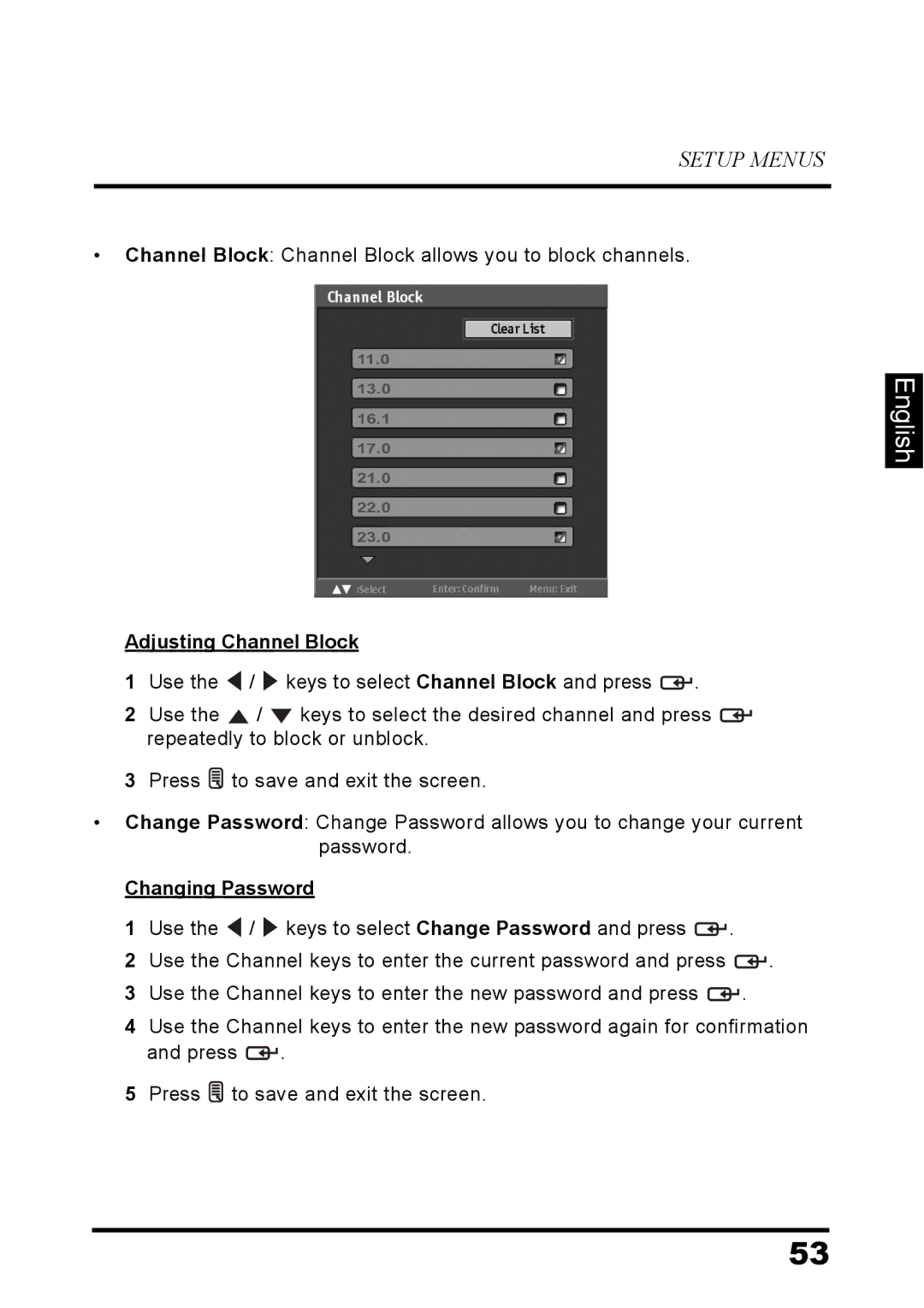 Westinghouse LD-3260 user manual Adjusting Channel Block, Changing Password 