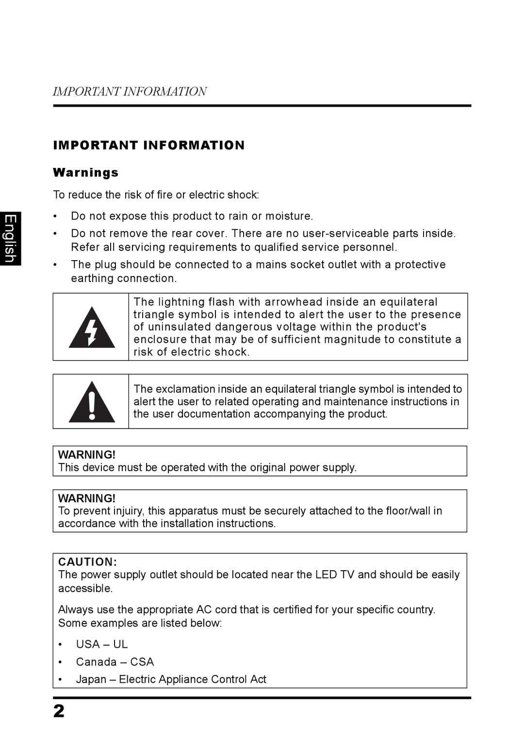 Westinghouse LD-3260 user manual Important Information 