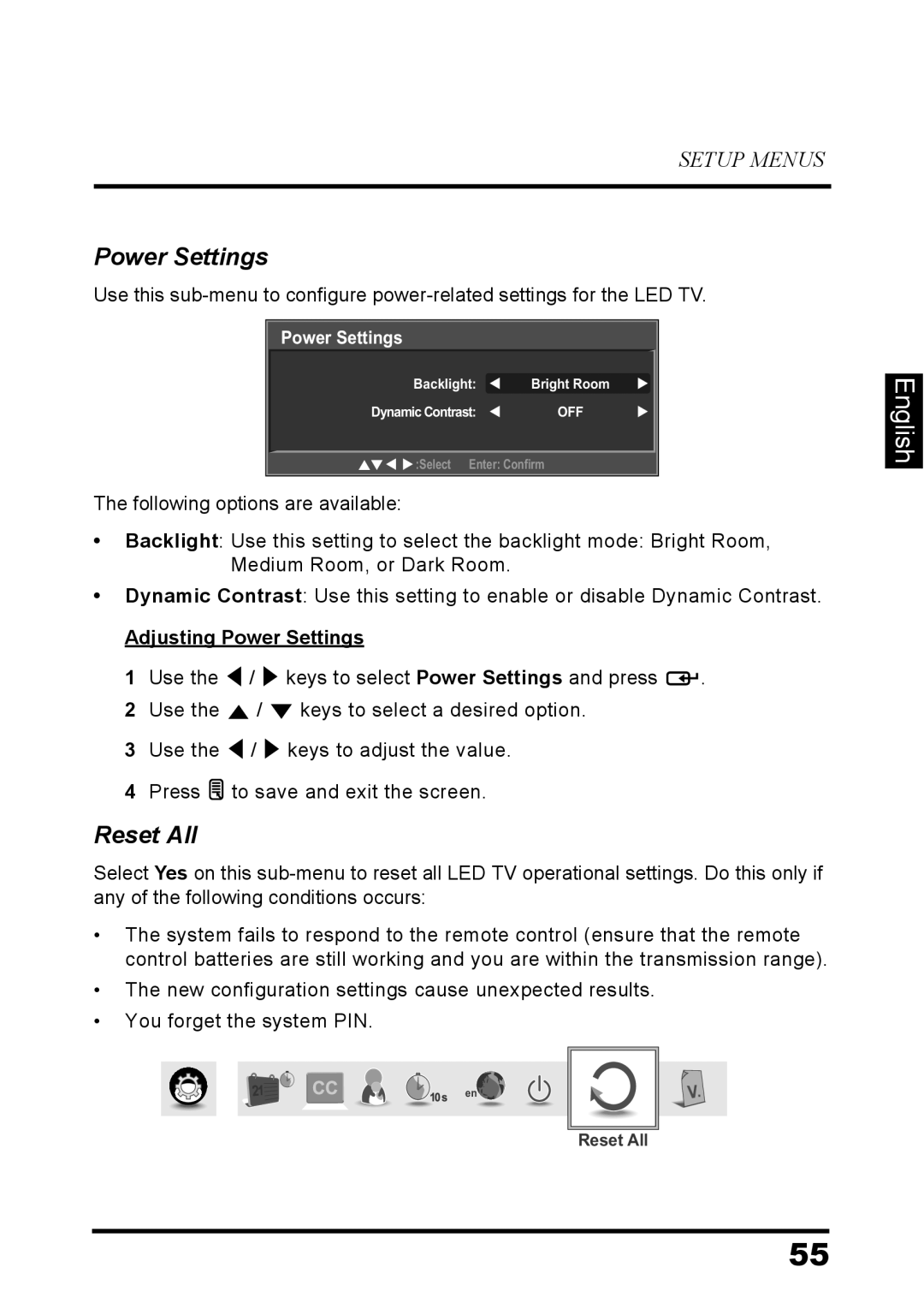 Westinghouse LD-3260 user manual Reset All, Adjusting Power Settings 