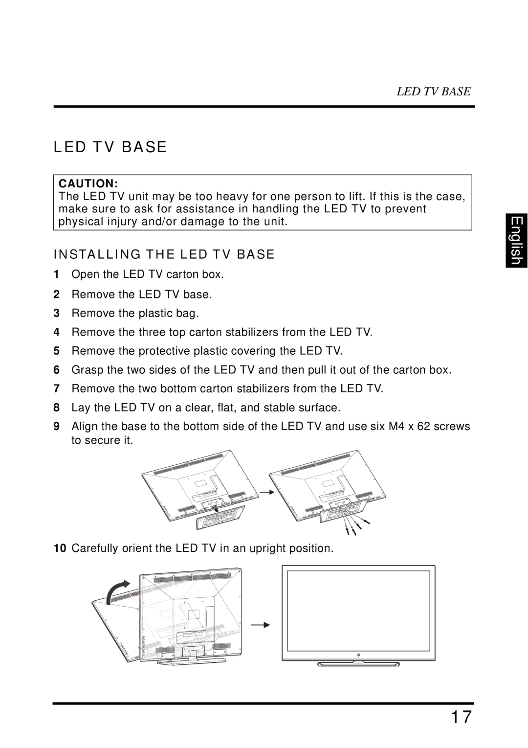 Westinghouse LD-4655VX manual Installing the LED TV Base 