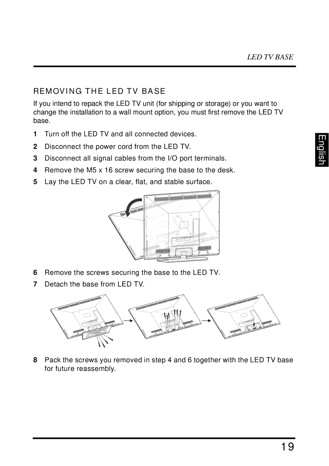 Westinghouse LD-4655VX manual Removing the LED TV Base 