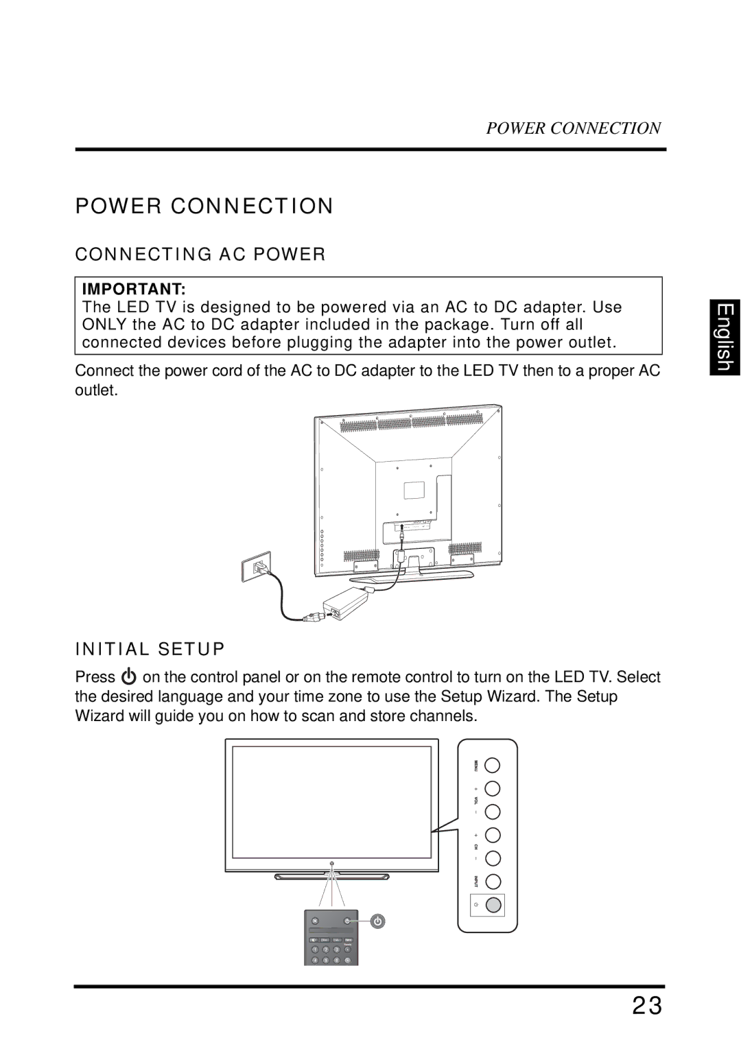 Westinghouse LD-4655VX manual Power Connection, Connecting AC Power, Initial Setup 