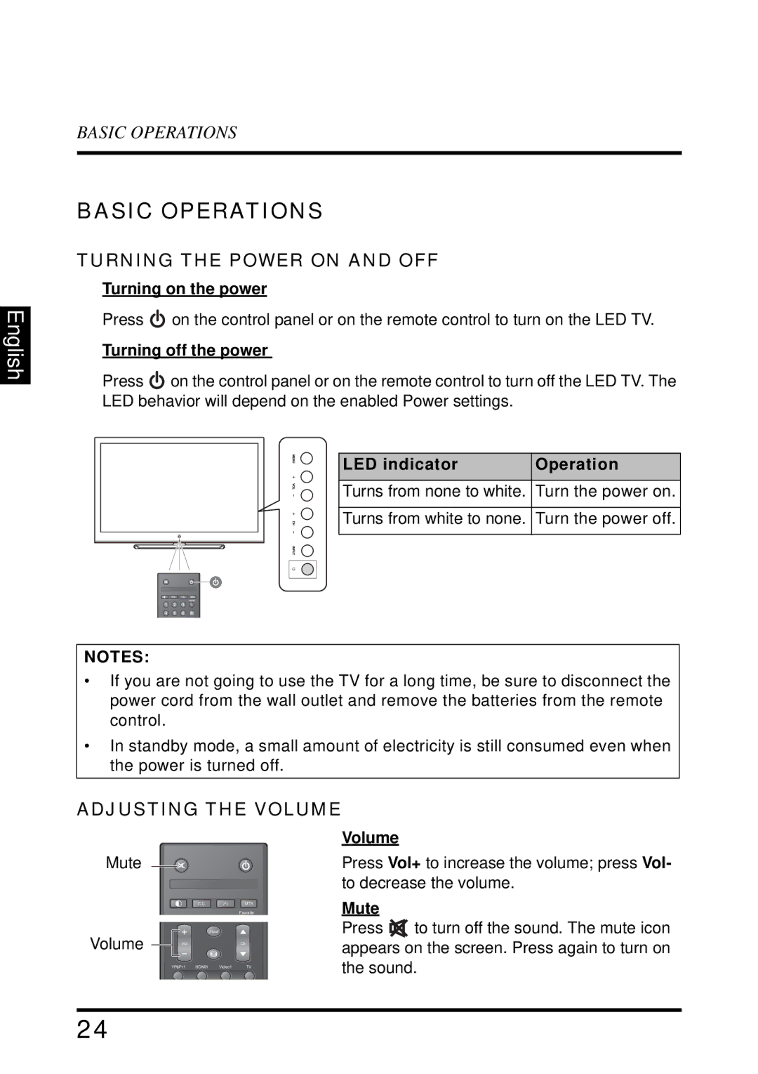 Westinghouse LD-4655VX manual Basic Operations, Turning the Power on and OFF, Adjusting the Volume 