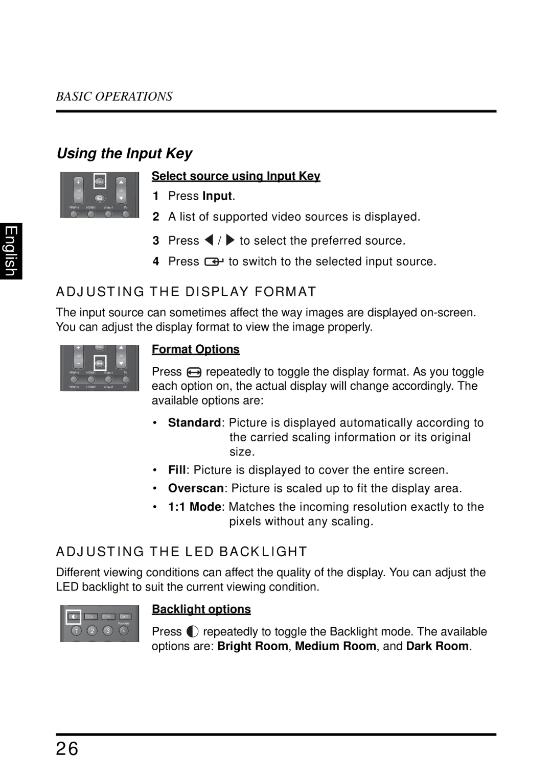 Westinghouse LD-4655VX manual Adjusting the Display Format, Adjusting the LED Backlight, Format Options, Backlight options 