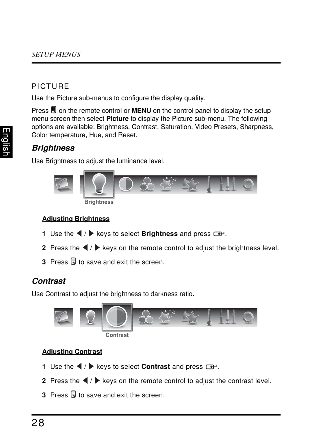 Westinghouse LD-4655VX manual Picture, Adjusting Brightness, Adjusting Contrast 