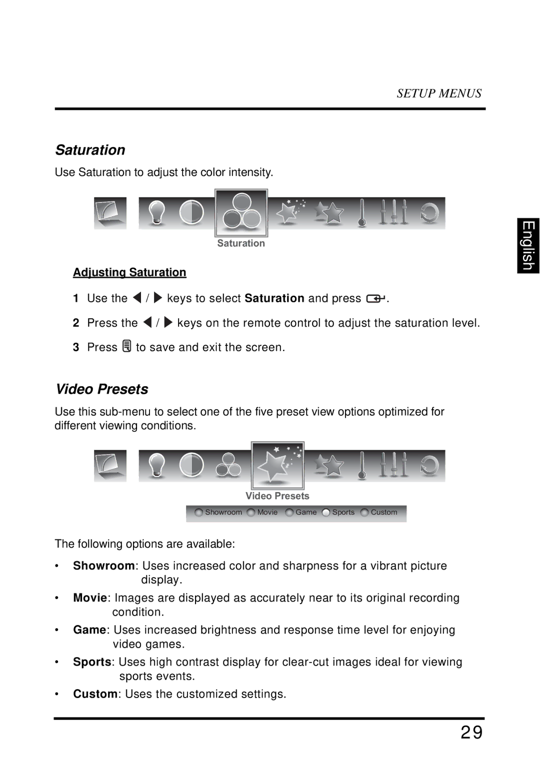 Westinghouse LD-4655VX manual Video Presets, Adjusting Saturation 