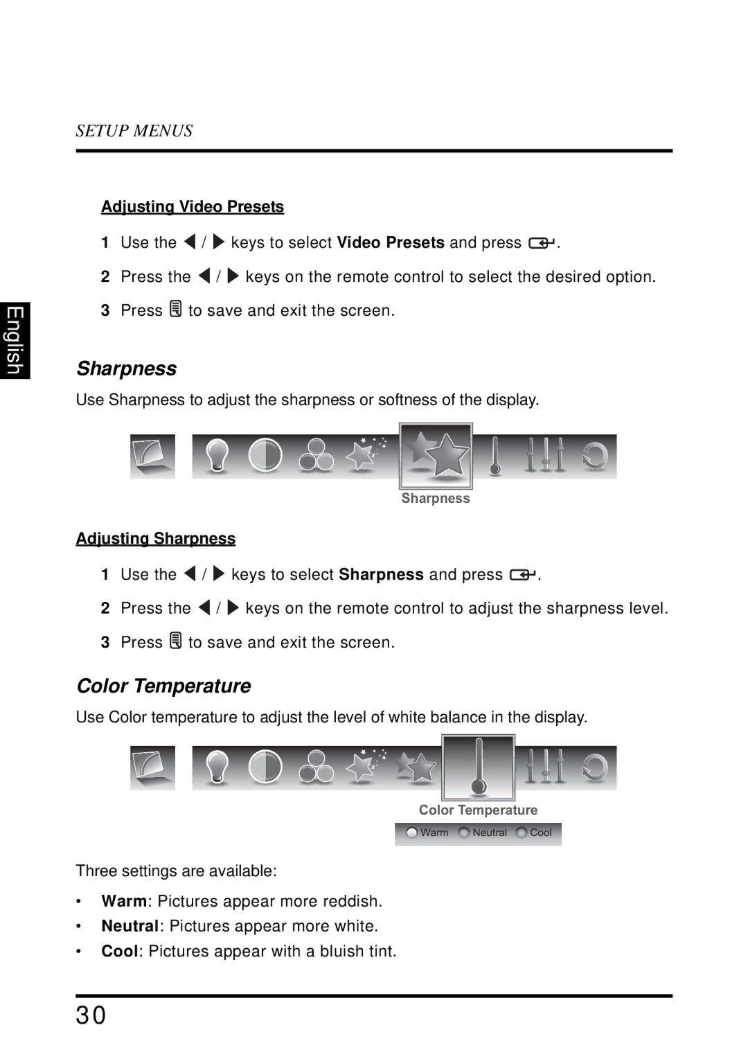 Westinghouse LD-4655VX manual Color Temperature, Adjusting Video Presets, Adjusting Sharpness 