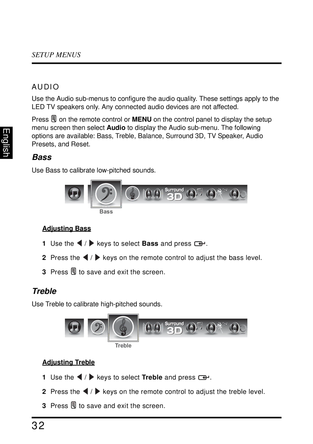 Westinghouse LD-4655VX manual Audio, Adjusting Bass, Adjusting Treble 