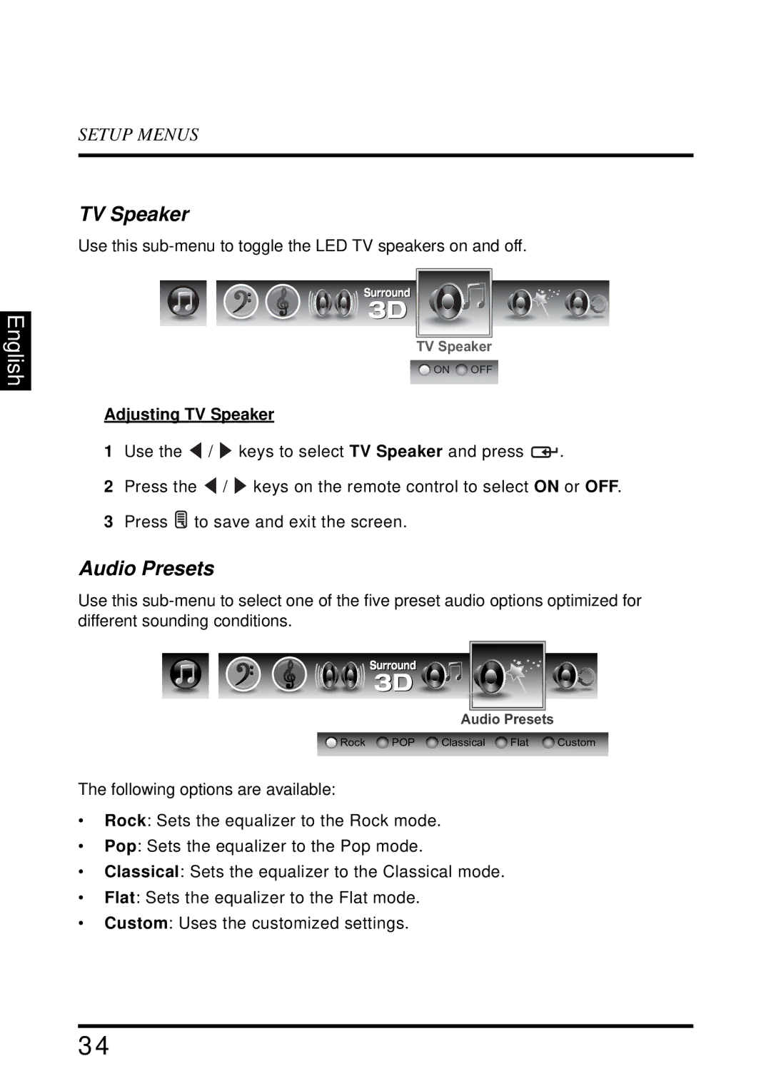 Westinghouse LD-4655VX manual Audio Presets, Adjusting TV Speaker 