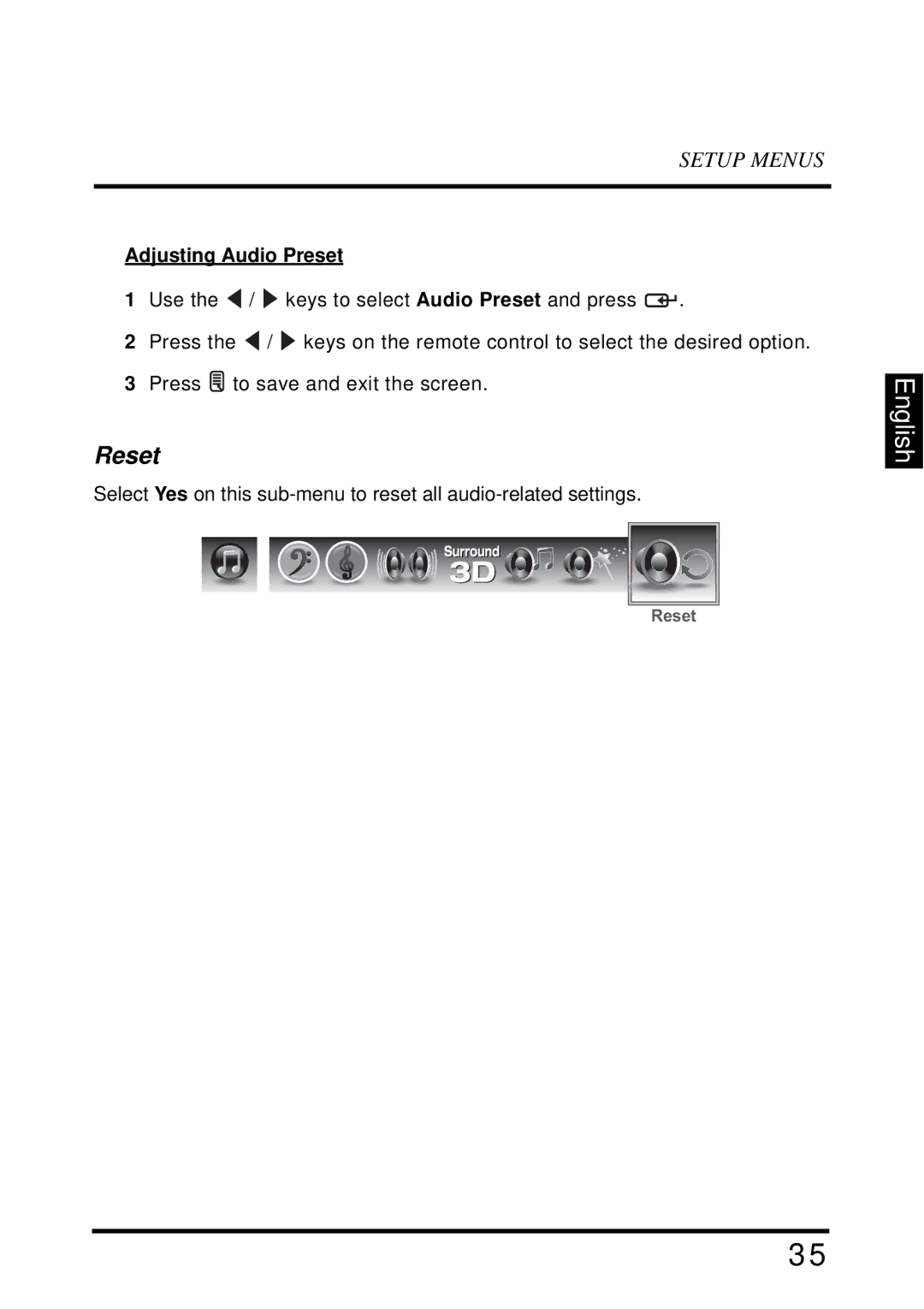 Westinghouse LD-4655VX manual Reset, Adjusting Audio Preset 