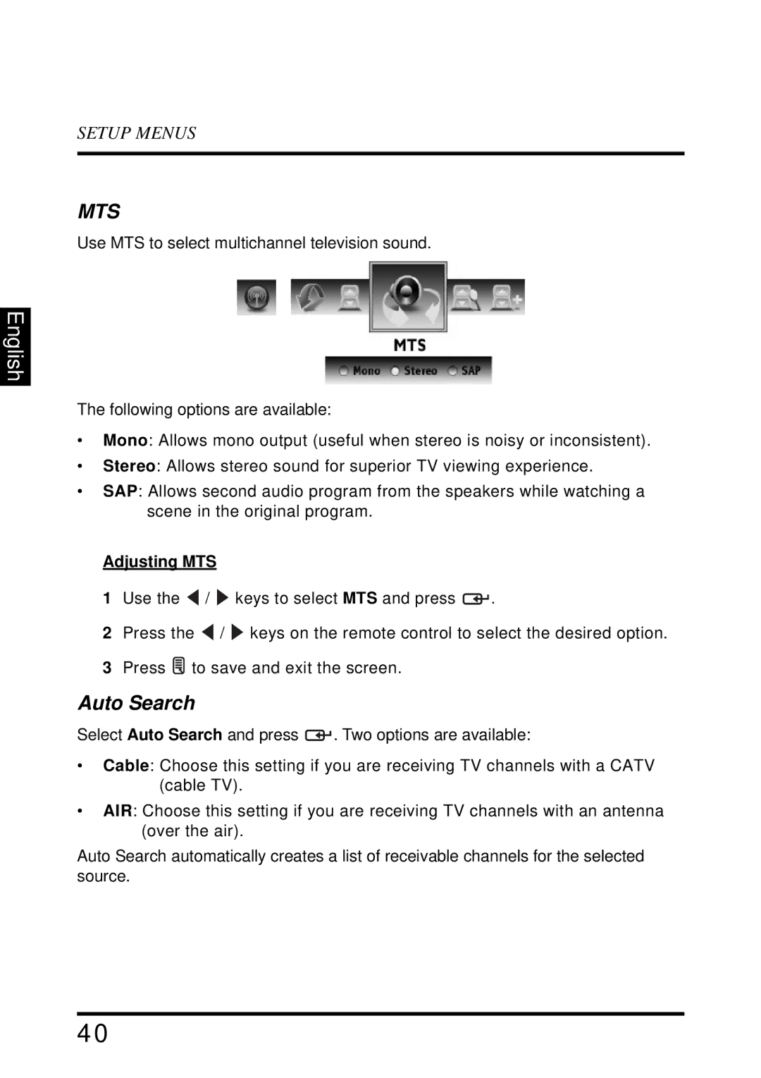 Westinghouse LD-4655VX manual Auto Search, Adjusting MTS 