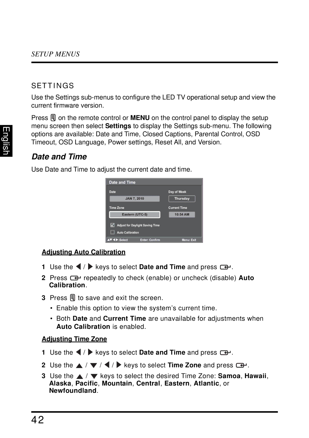 Westinghouse LD-4655VX manual Date and Time, Settings, Adjusting Auto Calibration, Adjusting Time Zone 