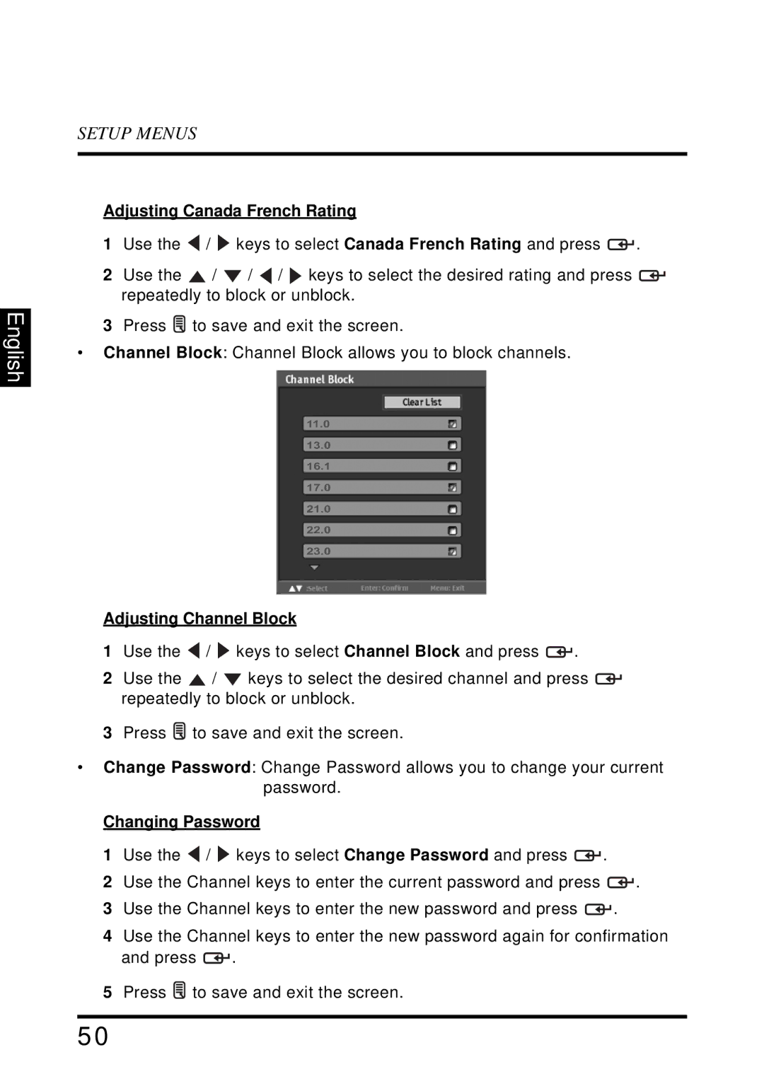 Westinghouse LD-4655VX manual Adjusting Canada French Rating, Adjusting Channel Block, Changing Password 