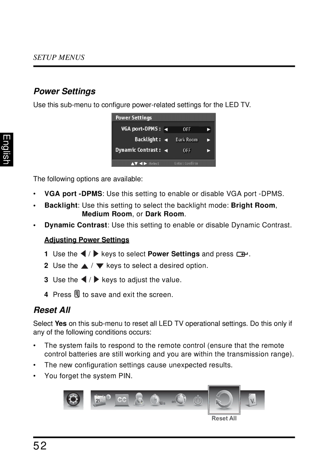 Westinghouse LD-4655VX manual Reset All, Adjusting Power Settings 