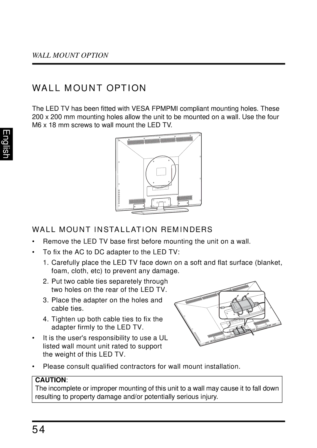 Westinghouse LD-4655VX manual Wall Mount Option, Wall Mount Installation Reminders 