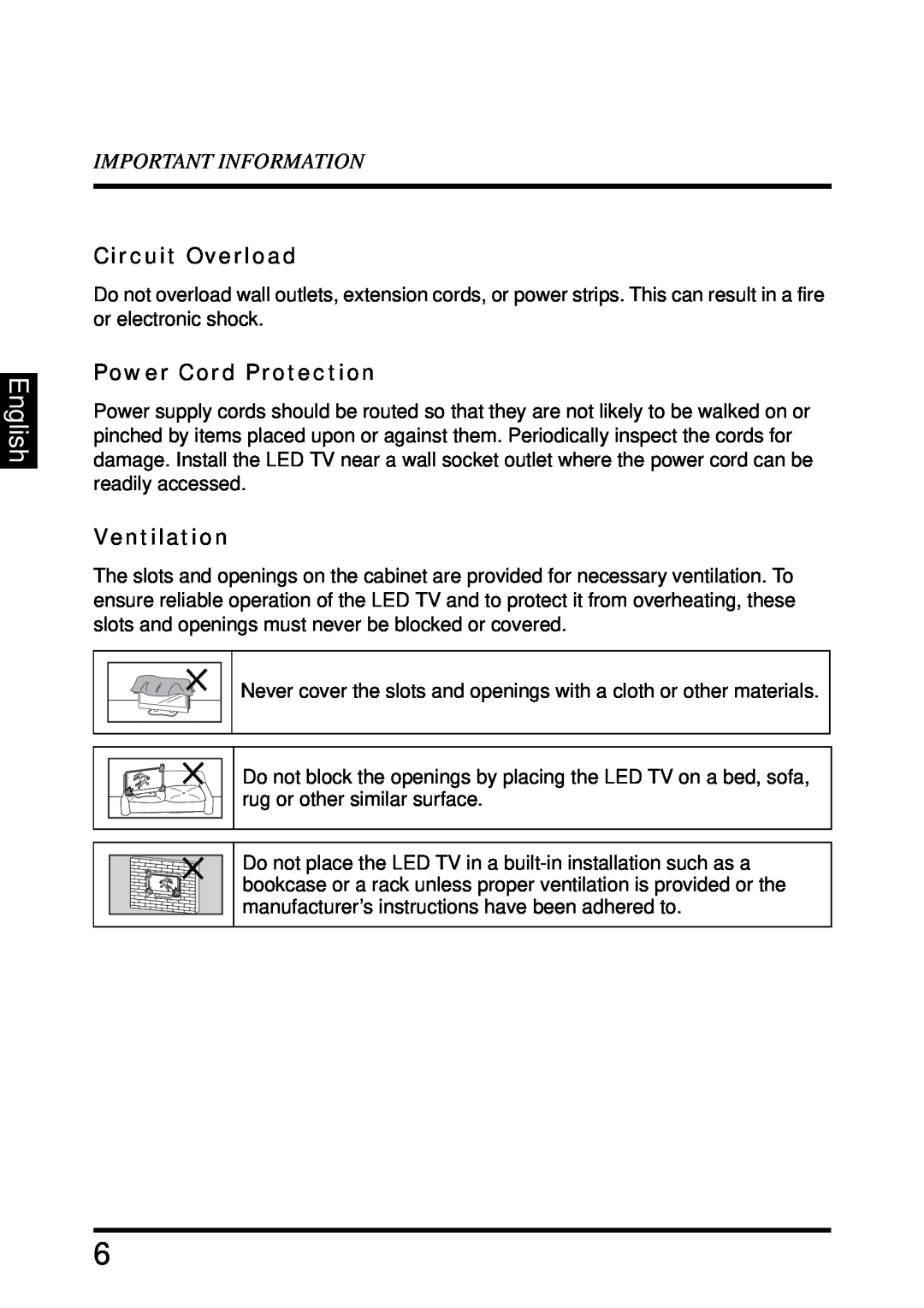 Westinghouse LD-4680 user manual English, Important Information, Circuit Overload, Power Cord Protection, Ventilation 