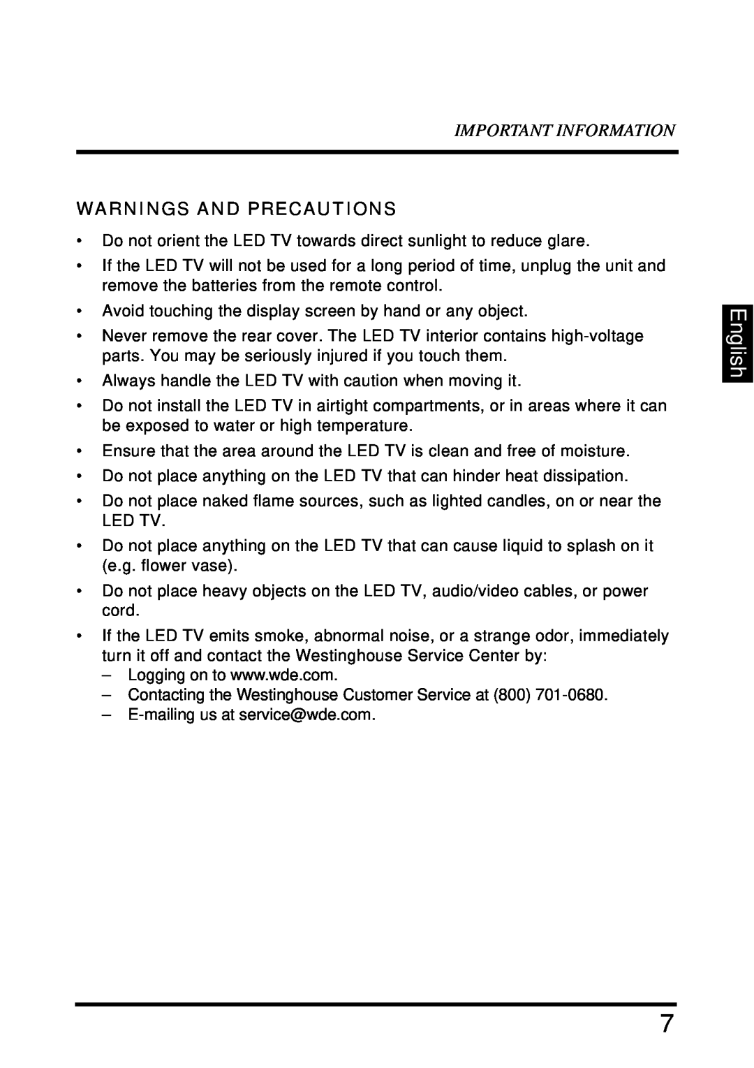 Westinghouse LD-4680 user manual English, Important Information, Warnings And Precautions 