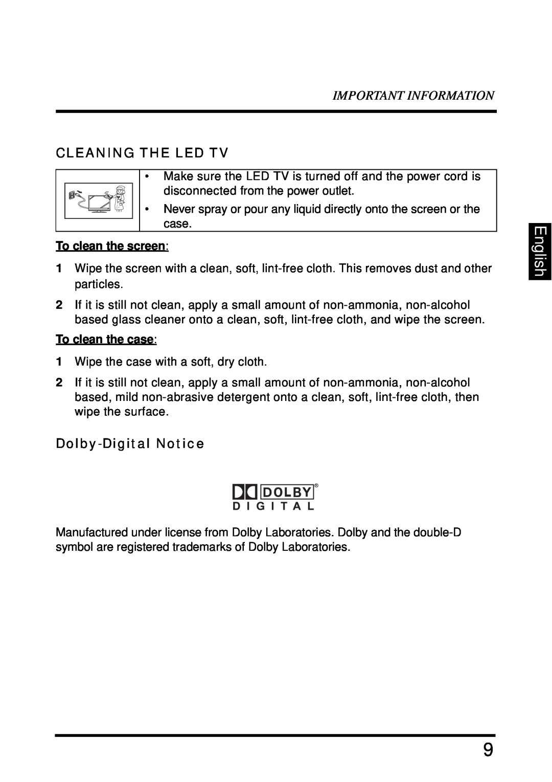 Westinghouse LD-4680 English, Important Information, Cleaning The Led Tv, Dolby-Digital Notice, To clean the screen 