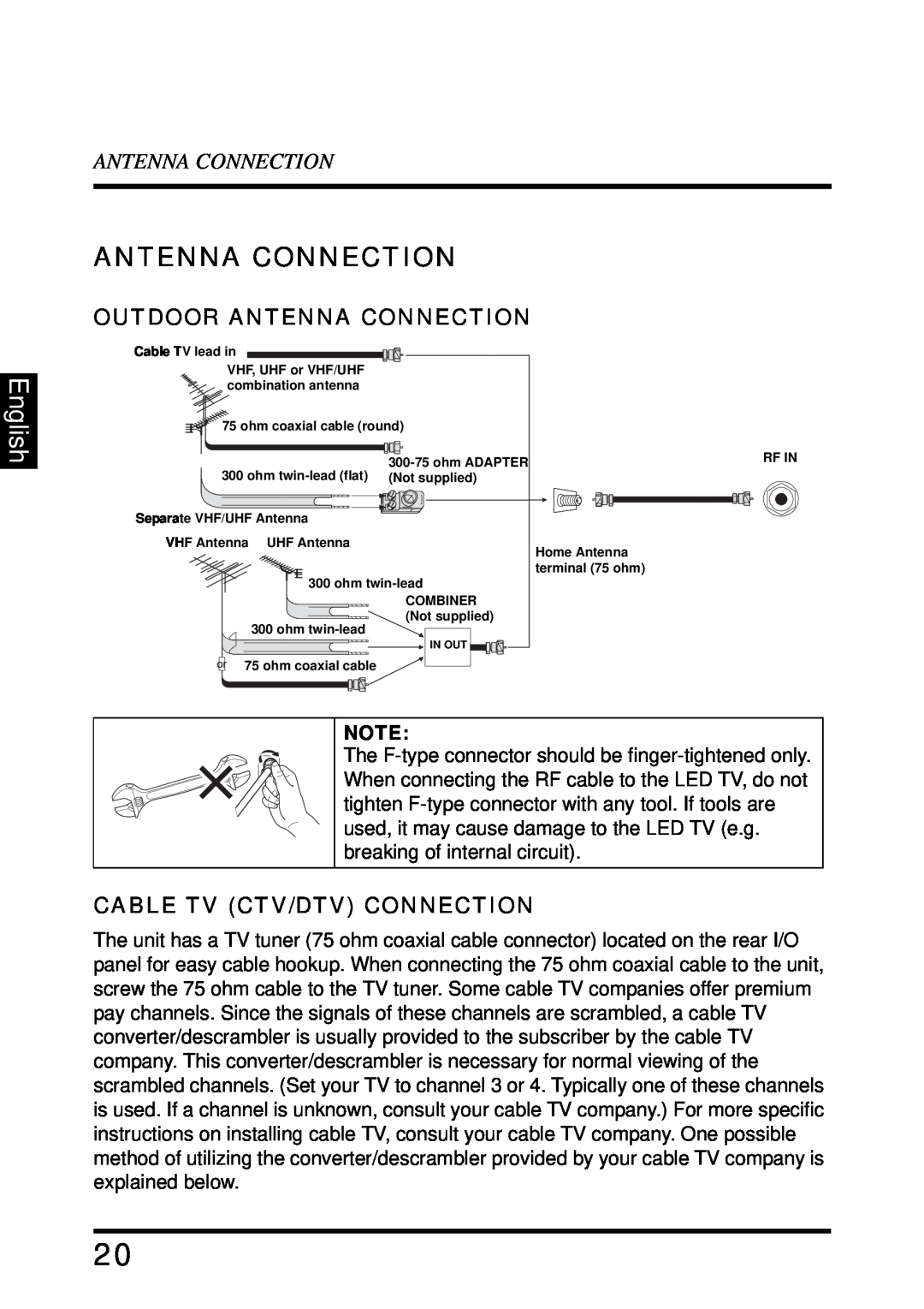 Westinghouse LD-4680 user manual English, Outdoor Antenna Connection, Cable Tv Ctv/Dtv Connection 