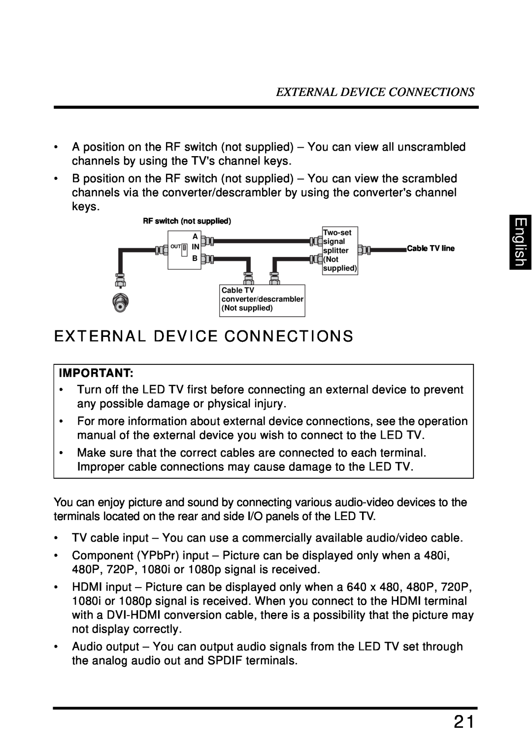 Westinghouse LD-4680 user manual External Device Connections, English 