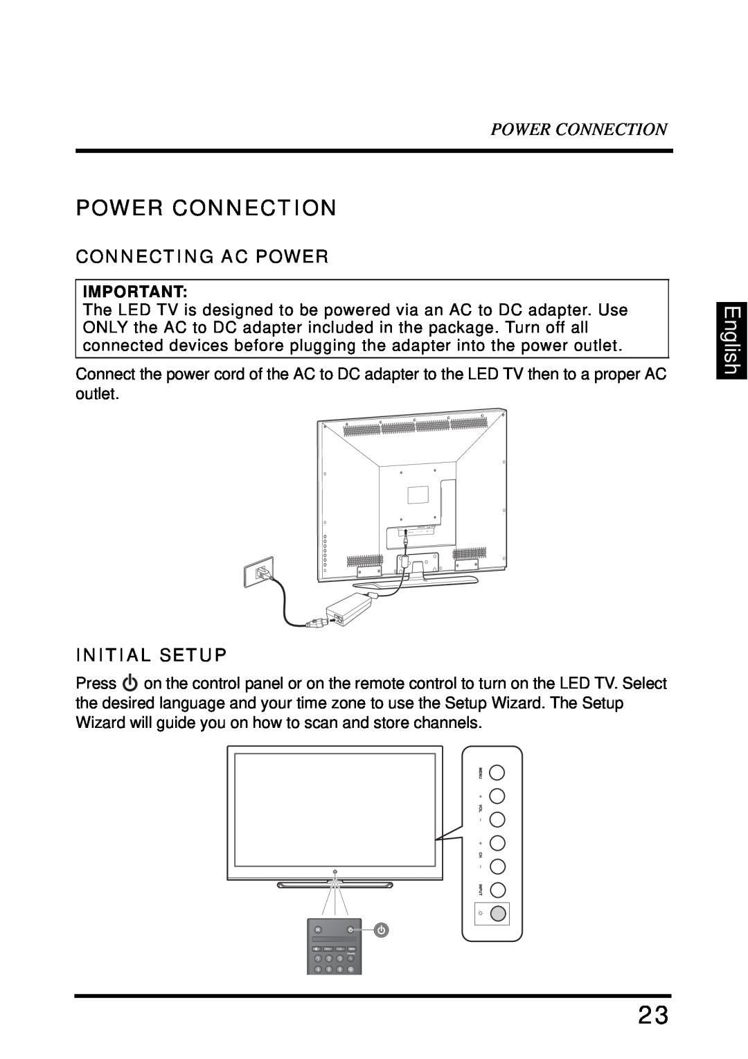 Westinghouse LD-4680 user manual Power Connection, English, Connecting Ac Power, Initial Setup 