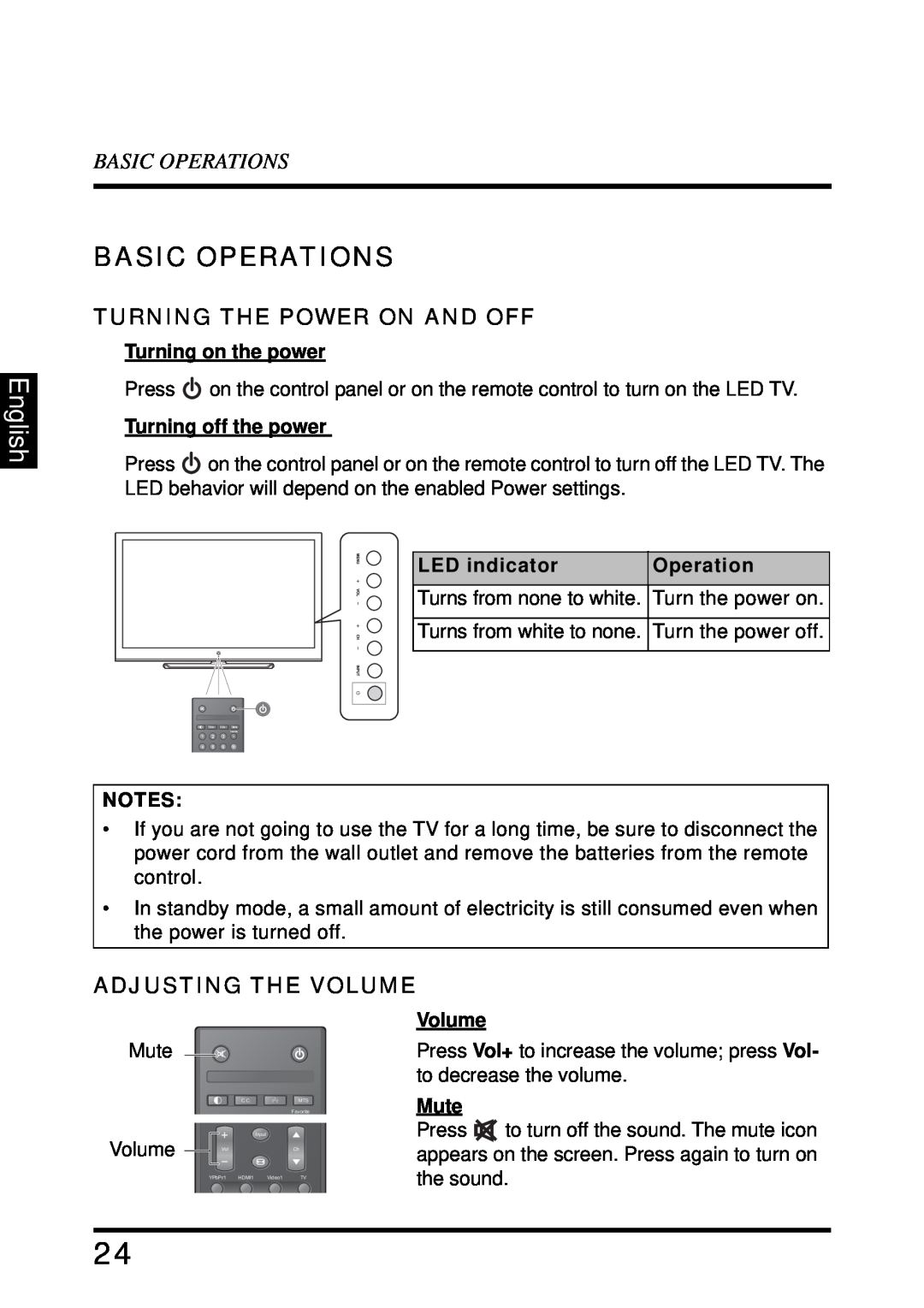 Westinghouse LD-4680 user manual Basic Operations, English, Turning The Power On And Off, Adjusting The Volume 