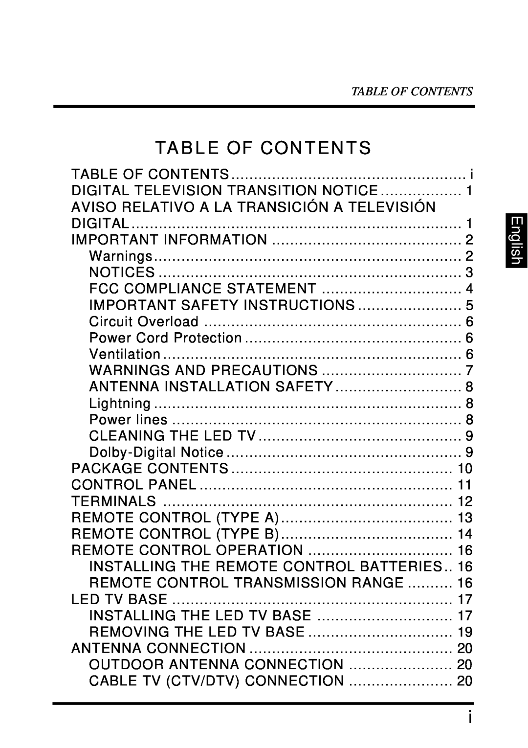 Westinghouse LD-4680 user manual Table Of Contents, English 