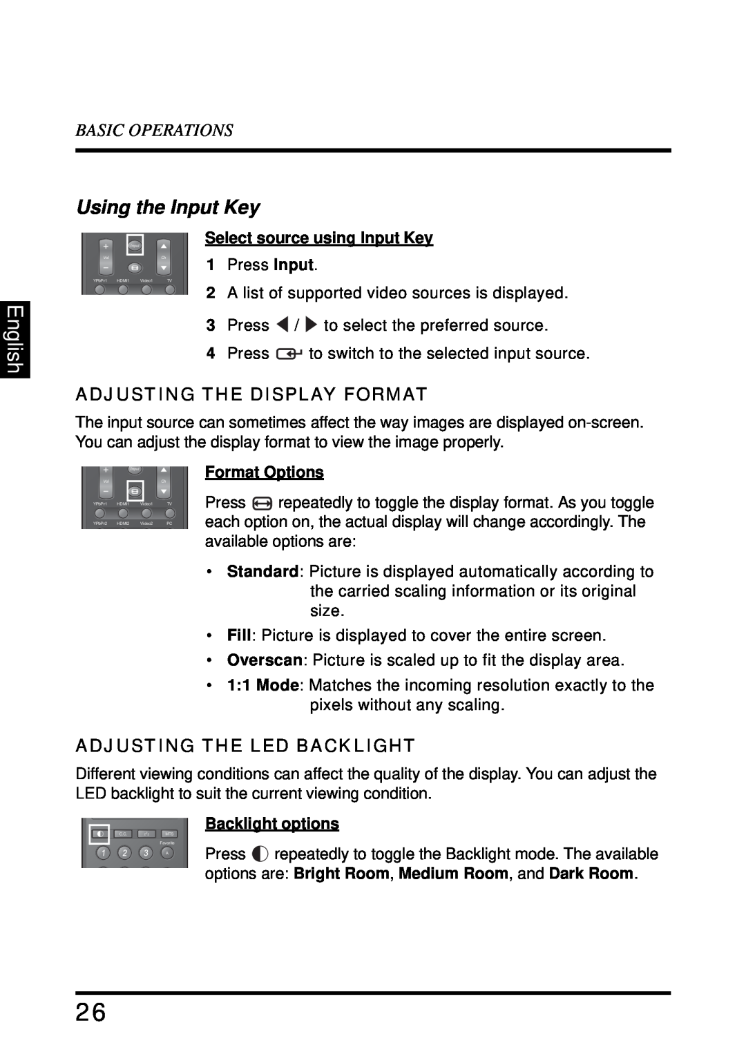 Westinghouse LD-4680 user manual English, Using the Input Key, Basic Operations, Adjusting The Display Format, Press Input 