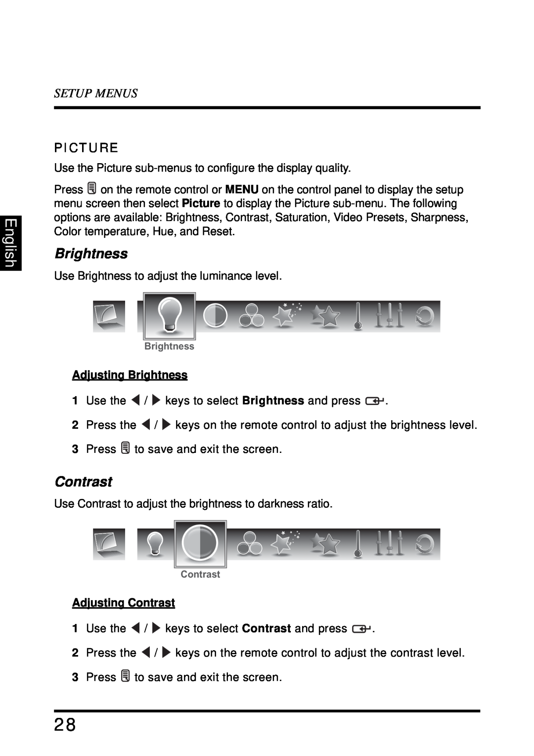Westinghouse LD-4680 user manual Brightness, Contrast, English, Setup Menus, Picture 