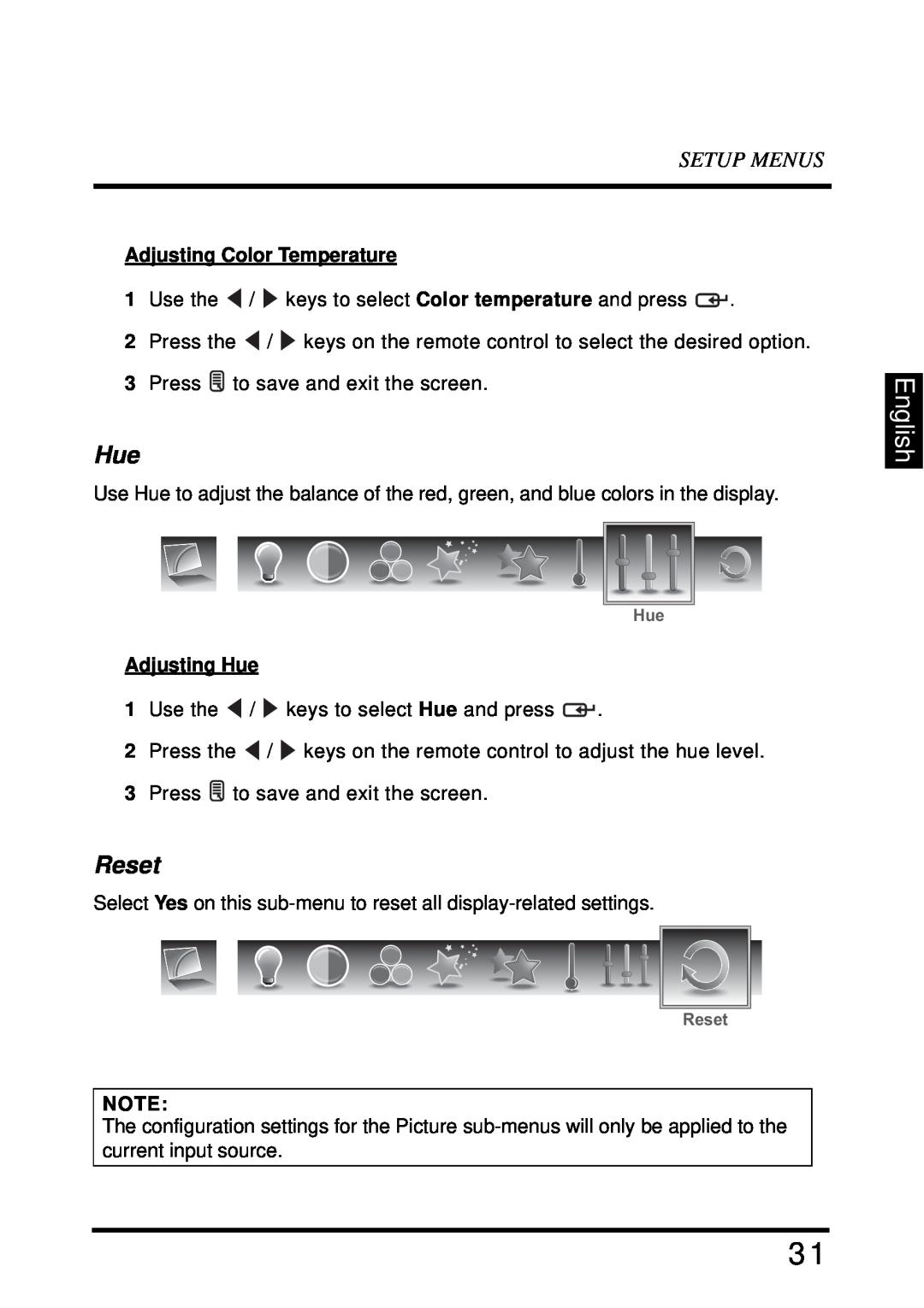 Westinghouse LD-4680 user manual Reset, English, Setup Menus, Adjusting Color Temperature, Adjusting Hue 