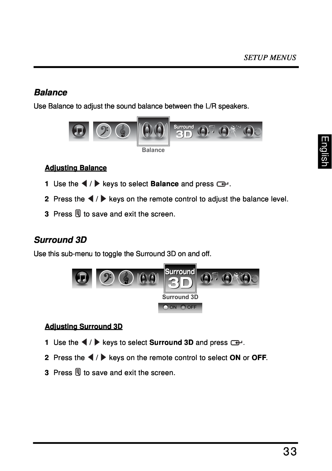 Westinghouse LD-4680 user manual English, Setup Menus, Adjusting Balance, Adjusting Surround 3D 