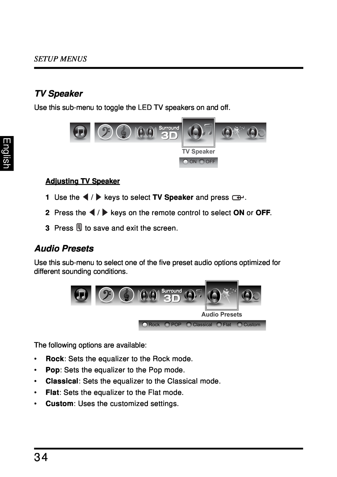 Westinghouse LD-4680 user manual Audio Presets, English, Setup Menus, Adjusting TV Speaker 