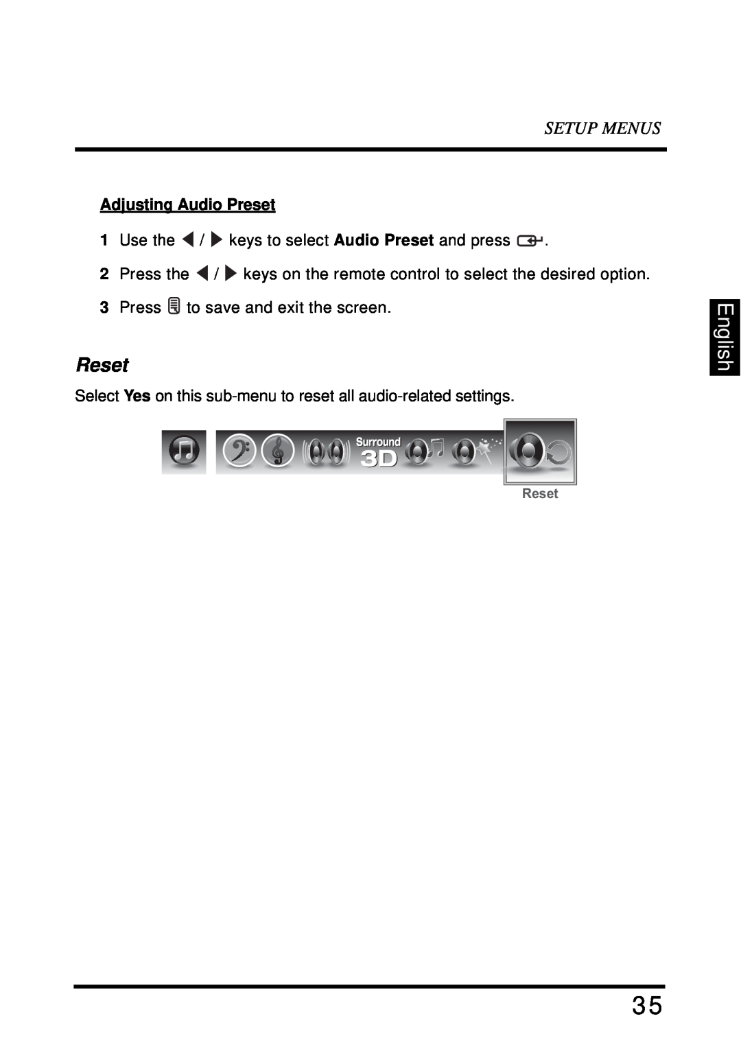 Westinghouse LD-4680 user manual English, Reset, Setup Menus, Adjusting Audio Preset 