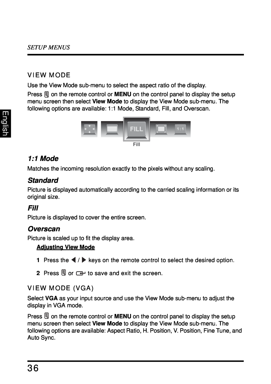 Westinghouse LD-4680 user manual Standard, Fill, Overscan, English, Setup Menus, View Mode Vga 