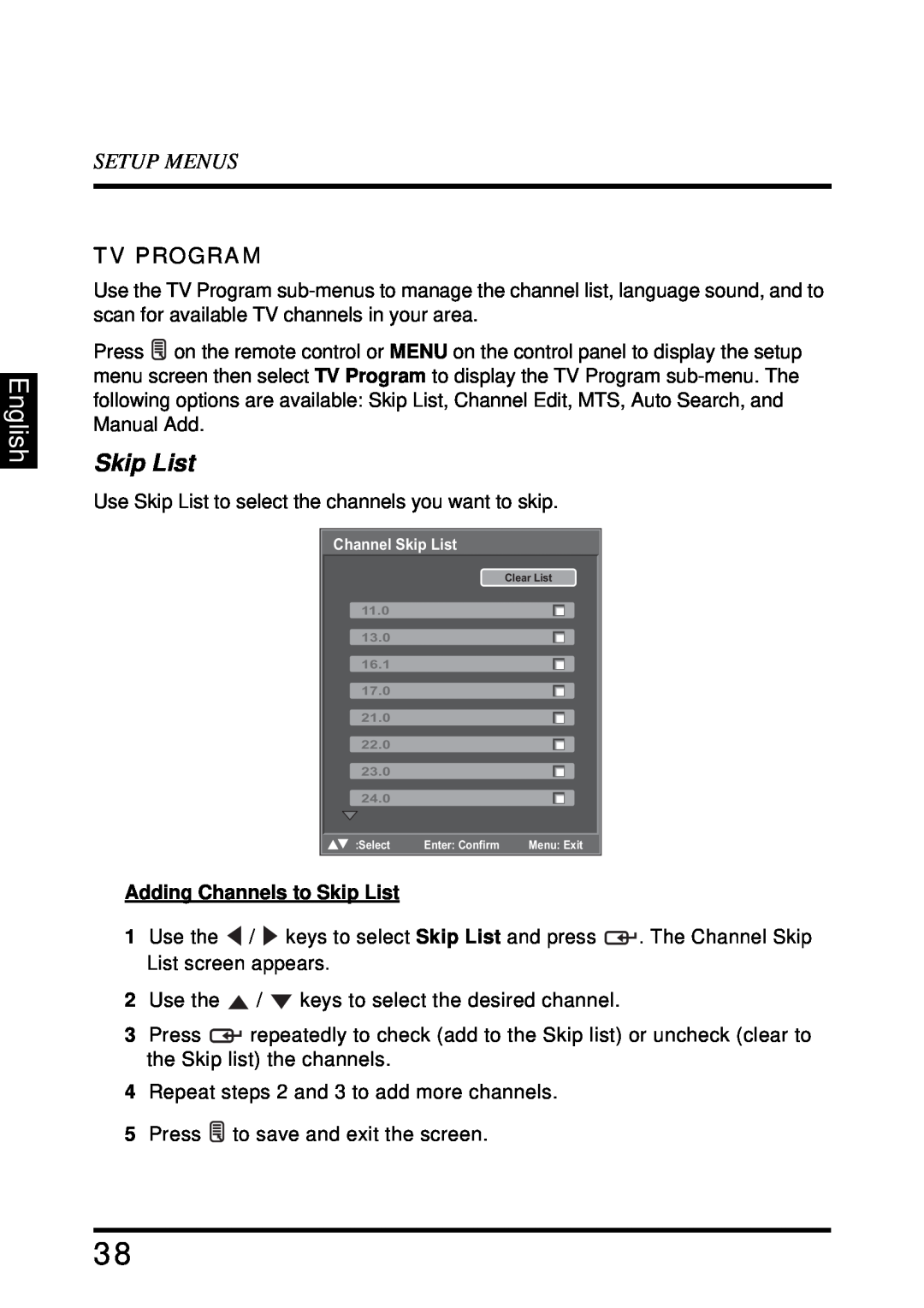 Westinghouse LD-4680 user manual Skip List, English, Setup Menus, Tv Program 