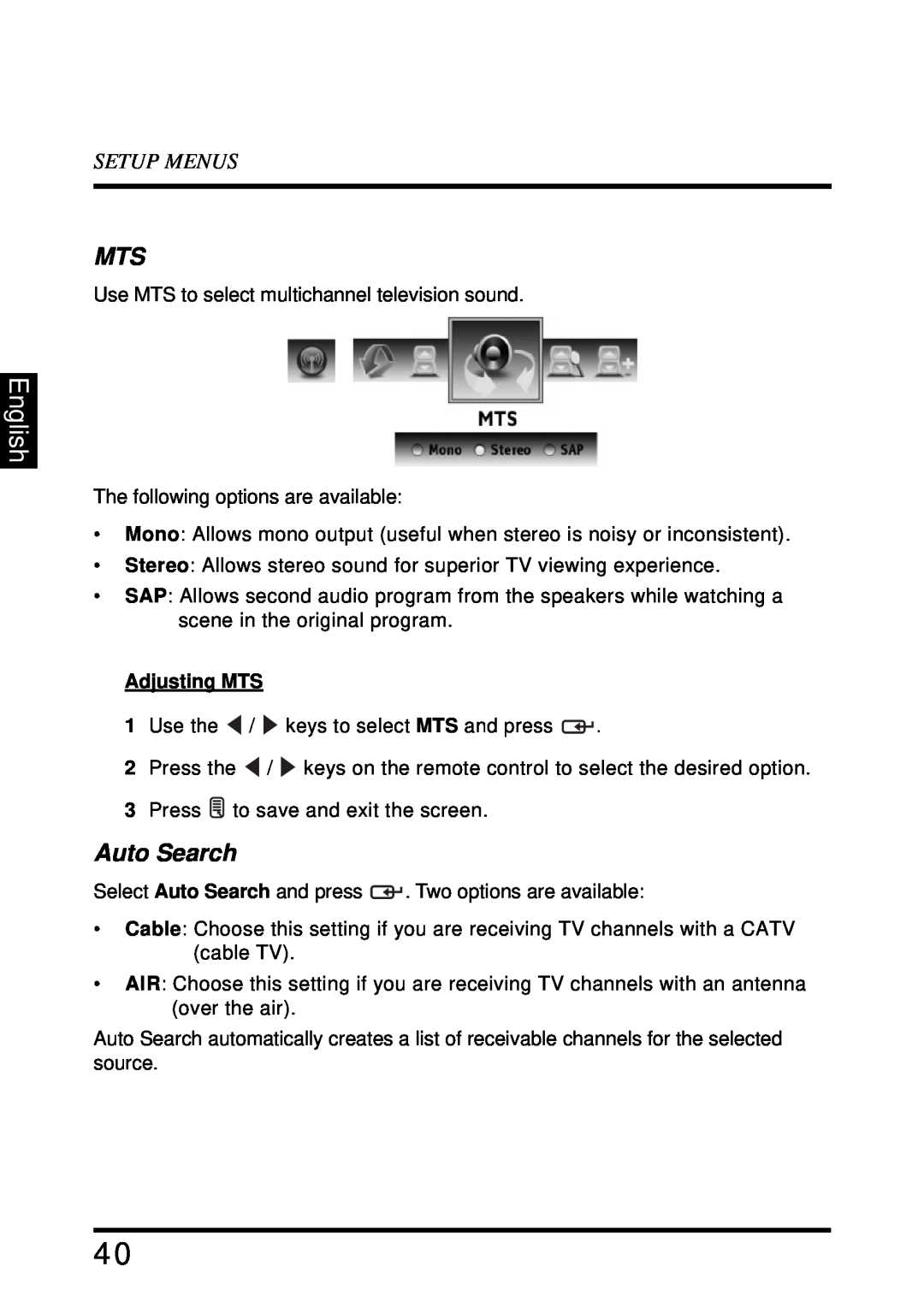 Westinghouse LD-4680 user manual Auto Search, English, Setup Menus, Adjusting MTS 