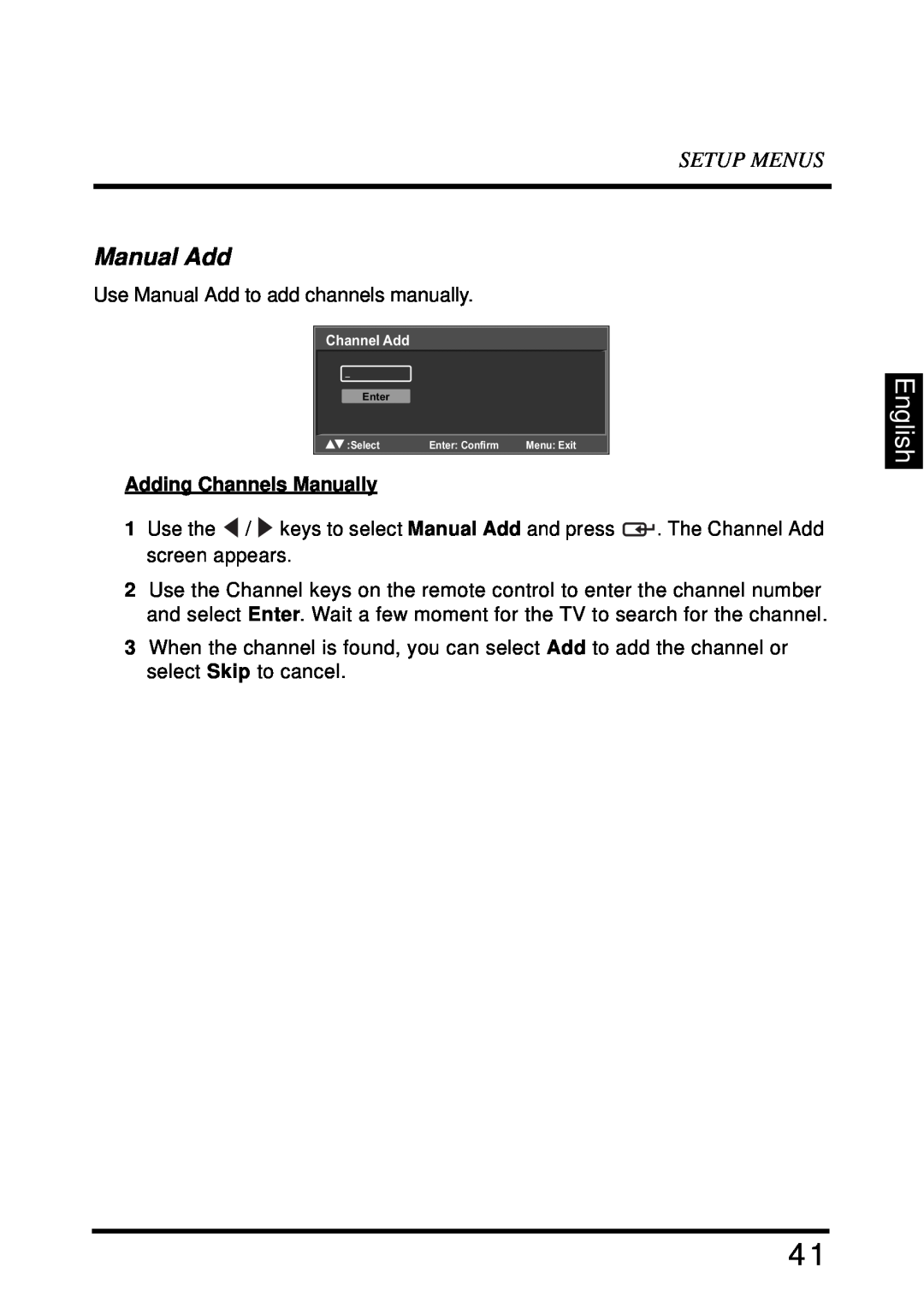 Westinghouse LD-4680 user manual Manual Add, English, Setup Menus, Adding Channels Manually 