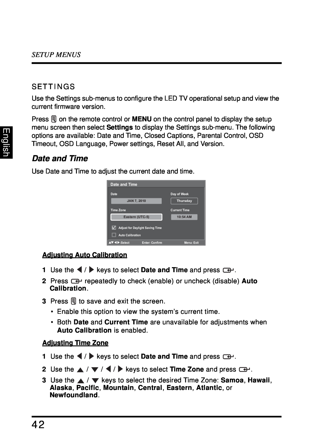Westinghouse LD-4680 user manual Date and Time, English, Setup Menus, Settings 