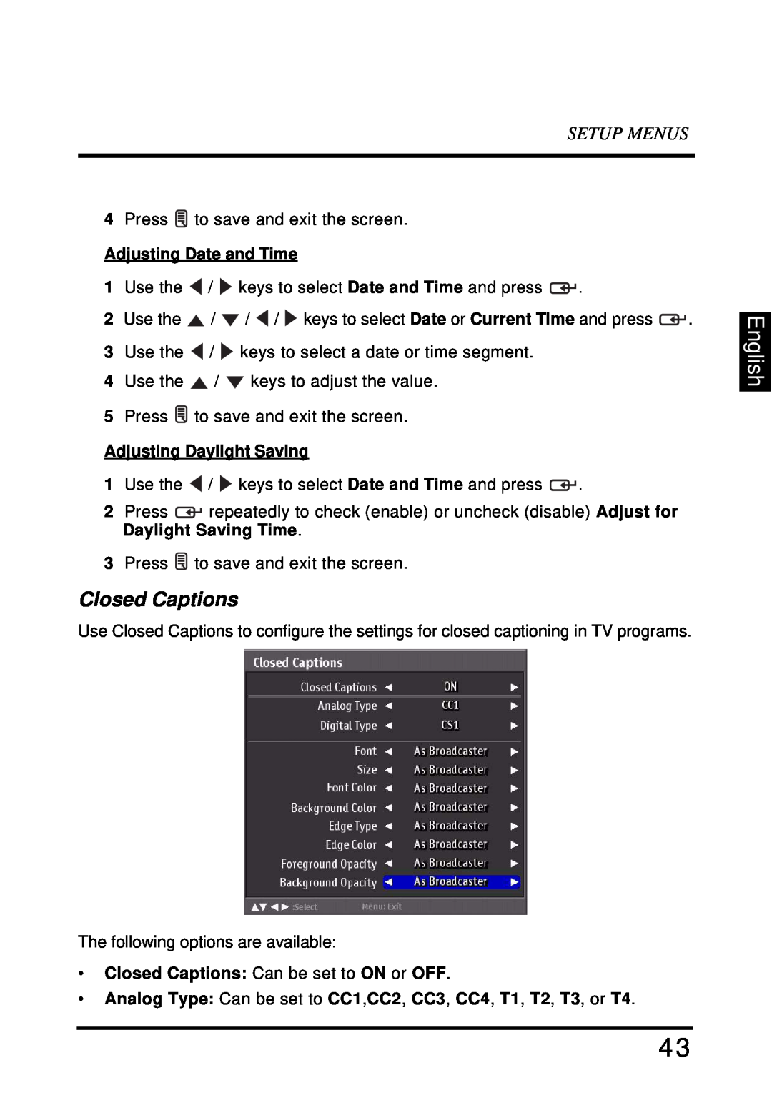 Westinghouse LD-4680 user manual Closed Captions, English, Setup Menus, Adjusting Date and Time, Adjusting Daylight Saving 