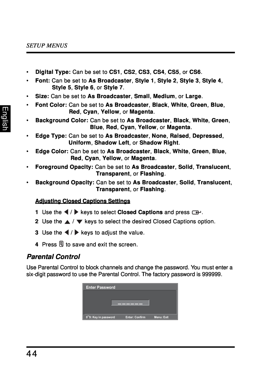 Westinghouse LD-4680 user manual Parental Control, English, Setup Menus 