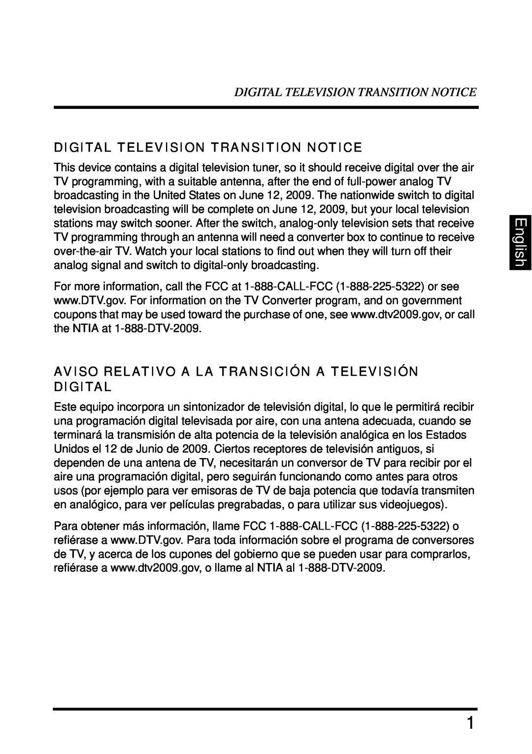 Westinghouse LD-4680 English, Digital Television Transition Notice, Aviso Relativo A La Transición A Televisión Digital 
